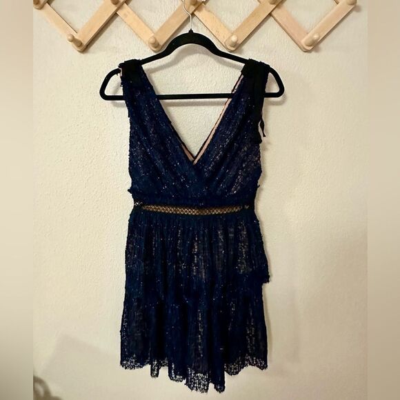 Self-Portrait V-Neck Metallic  Mesh Navy Dress - Picture 8 of 13